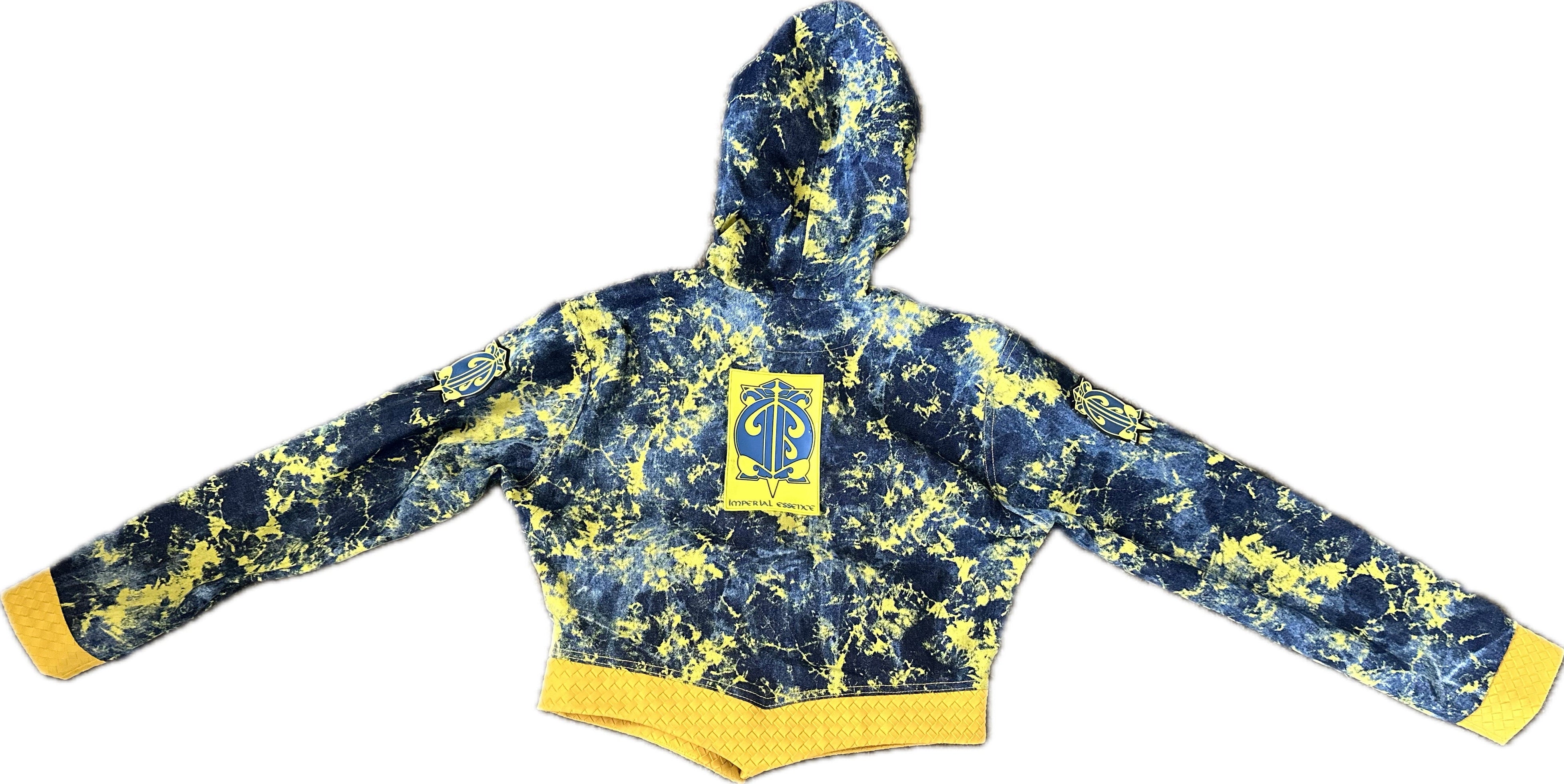 Denim V-cut embossed leather hoodie (IE005)